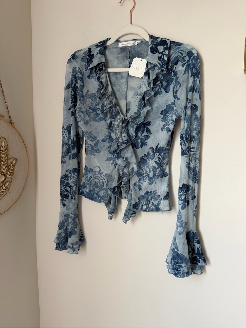 Altar'd State Blue Floral Ruffle Tie-Front Long Sleeve Blouse